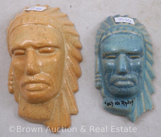 (2) Mrkd. Frankoma Indian wall hanging head masks: 1-4.25"h, brown; 1-3.75"h, blue - one has panther