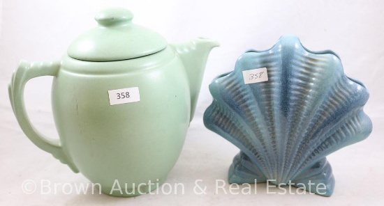 (2) Frankoma pieces: #92 teapot, green; #54 fan shell-shaped vase, blue