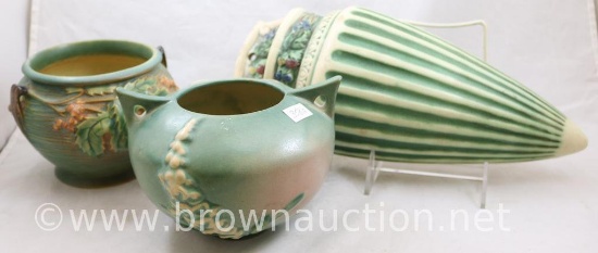 (3) Roseville pieces (all have some damage): Bushberry, 657-4" jardiniere, green; Foxglove