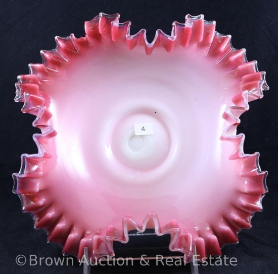 Cranberry opalescent 10.5"d bride's bowl, candy ribbon edge with 4 sides up