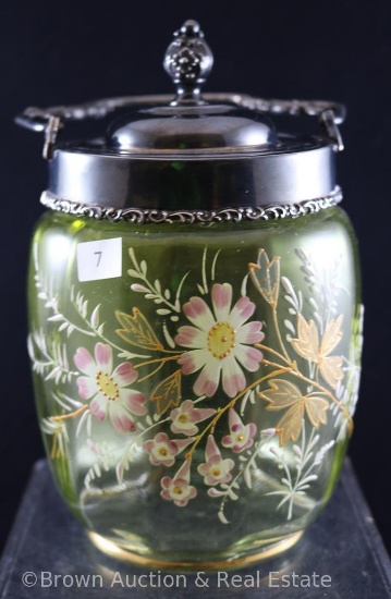 Vaseline glass 8"h biscuit/cracker jar decorated w/pink and white enamelled floral d?cor, nice