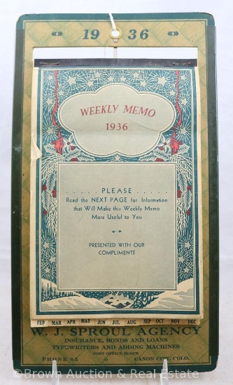 1936 advertising Weekly Memo calendar, "W.JK. Sproul Agency, Canon City, Colo." (includes detailed