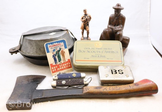 Assortment of Boy Scout items incl. knives, hatchet, First Aid Kit, mess kit, etc.