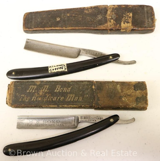 (2) Advertising straight edge razors w/black handle: M.N. Bond/The Hardware Man, Muscatine, Iowa;