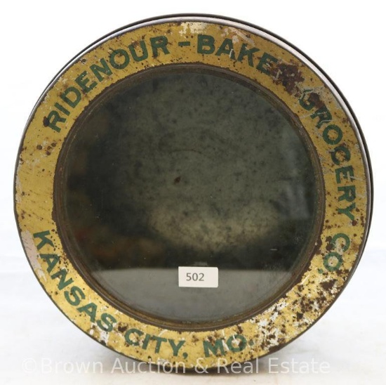 "Ridenour-Baker Grocery Co., Kansas City, MO" 8.5"d round tin w/see thru glass in lid, 8.5" round