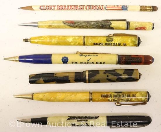 (6) Advertising pencils, mostly mechanicals + Eversharp fountain pen