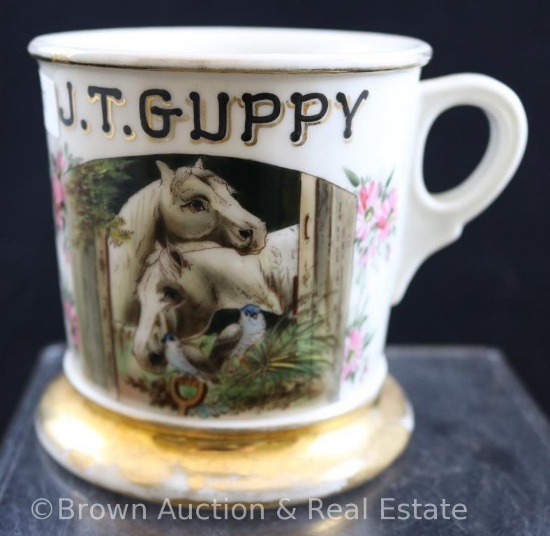 Mrkd. Limoges 4"h shaving mug w/pair of horses decoration. "J.T. Guppy"