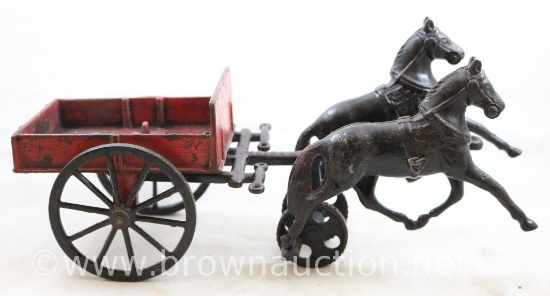 Cast Iron 2-horse drawn car cart, mrkd. Reiss'B and patent dates on bottom of cart, 12"l