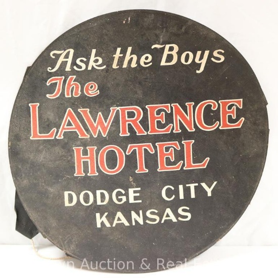 Old advertising canvas spare tire cover, 29"d, "Ask the Boys/The Lawrence Hotel/Dodge City, KS"