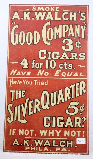 A.K. Walch's Cigar advertising sign, thin sheet metal, 7.5" x 14"