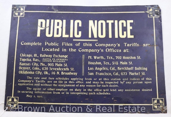 Santa Fe "Public Notice" sign, thin sheet metal, 13.5" x 10"