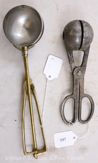 Brass "Dairy Fresh" ice cream scoop and Cast aluminum metal handled meat ball shaper