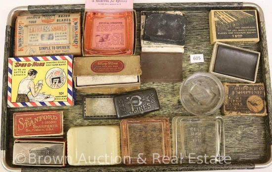 Assortment of old razor blades Strop stones/ crystal stroppers, etc. some with original boxes