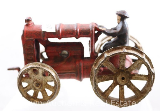 Cast Iron red tractor with driver, 6"l