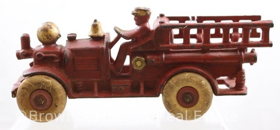 Cast Iron red fire wagon with driver, 7"l