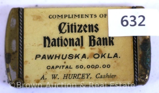 Advertising match safe w/striker bottom, "Compliments of Citizens National Bank, Pawhuska, Okla.",