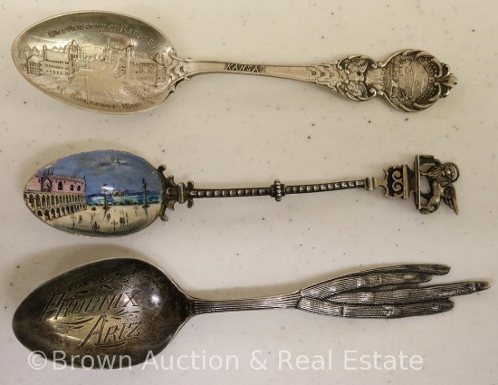 (3) Souvenir spoons: Arizona and Kansas mrkd. Sterling; 1 unmarked scenic