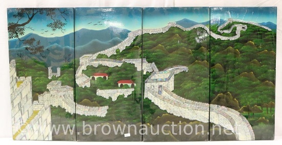Set of 4 lacquer painting Art panels with Mother-of-Pearl inlay depicting the Great Wall of China,