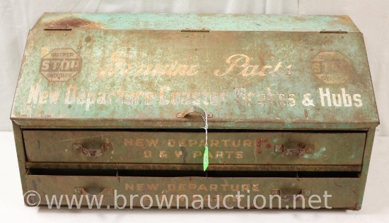 Vintage "Genuine Parts/New Departure Coaster Brakes and Hubs" tool box, 25.5" x 11.5" x 11.5" (few