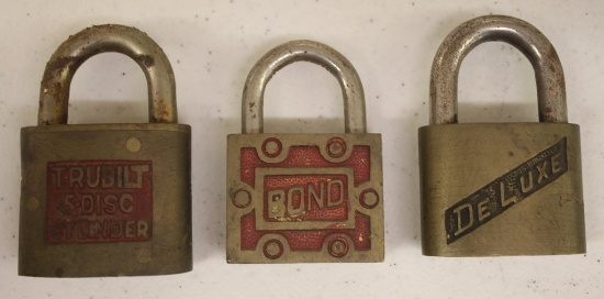 (3) old padlocks: Bond; Trubilt 5-disc cylander, De Luxe