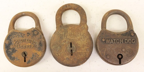 (3) Old padlocks: Miller Six Lever; Protector 3-lever; Watch Dog