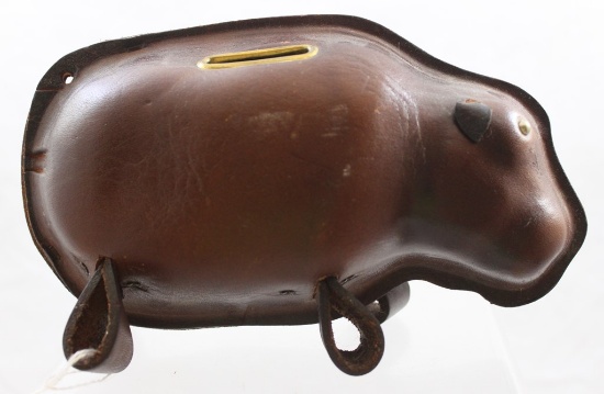 Leather figural pig bank, 8" long