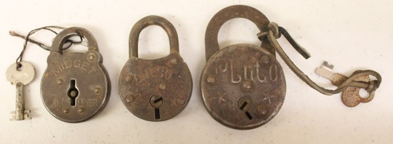 (3) Old padlocks: Midget Six Lever (has key); Omeco; Pluto (has key)