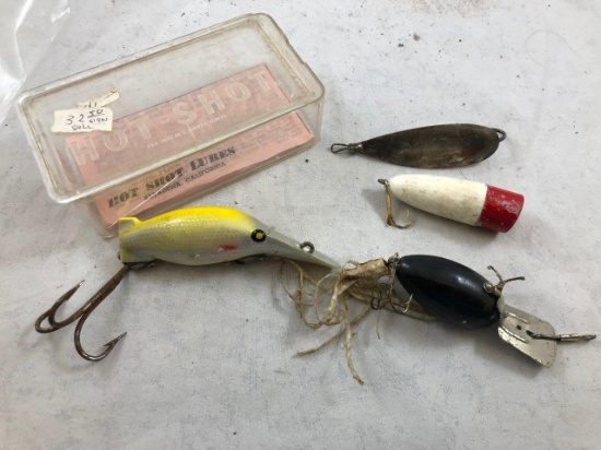 (4) vintage fishing lures: Eddie Pop "Hot-Shot"; Johnson's "Silver Minnow";