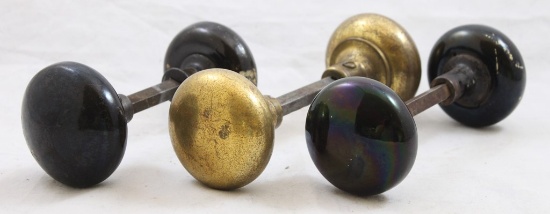 (3) sets of vintage door knobs, 1 set is brass, other 2 are porcelain ename