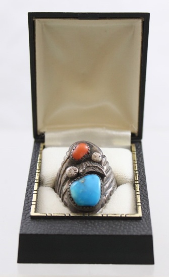 Silver ring with large turqouise stone and small coral stone, no markings f