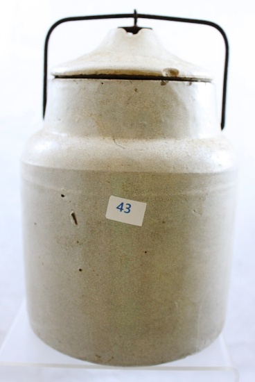 Old crock jar with lid, 8" tall