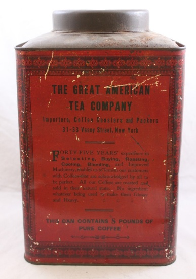 large Great American Tea Company tin, nice graphics, 12" tall