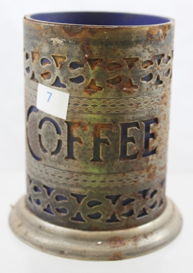 Vintage Coffee holder, metal frame with cobalt plastic insert, 4.5"h
