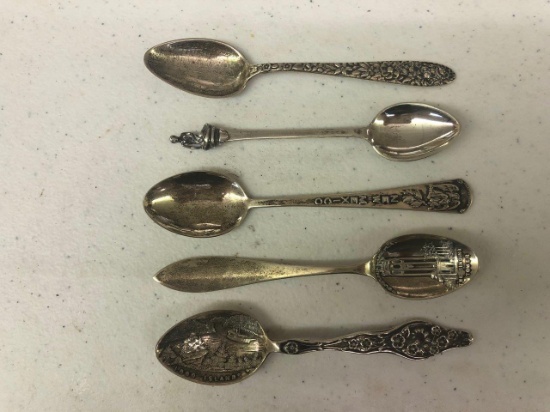 (5) Sterling silver souvenir spoons: New Mexico; Singing Tower - Mountain L