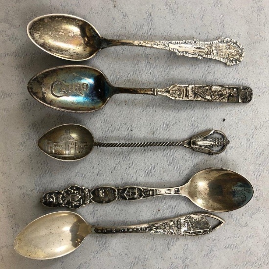 (5) Sterling silver souvenir spoons: Boston; Cairo; Mackinac, MI; Electrici