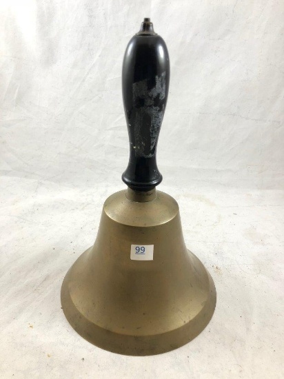 Brass bell with wooden handle, 9"t x 6"d