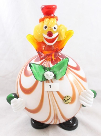 Hand-Blown Murano Glass 9"h colorful pot-bellied clown, paper label