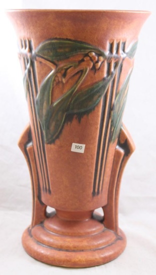 Roseville Laurel 678-14.25" vase, red (very tight top rim hairline)