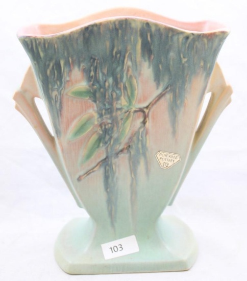 Roseville Moss 778-7" vase, pink/green, paper label