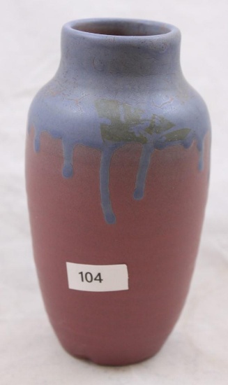 Cowan Pottery 5.75"h vase, mauve with blue drip glaze (repaired chip at base)