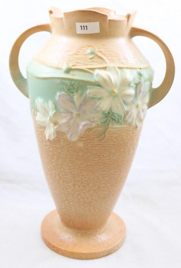 Roseville Cosmos 956-12" vase, tan (hairline on handle)