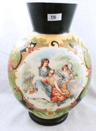 Victorian scenic Bristol Glass 10.5"h vase, maidens in garden with cherub holding looking glass
