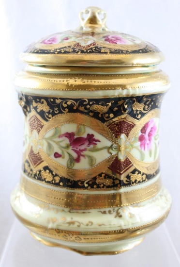 Mrkd. Royal Nippon 8"h round biscuit/cracker jar, pink flowers circle body and lid, heavy gold