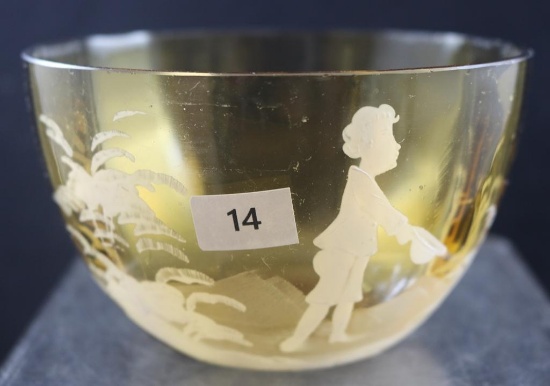 Mary Gregory 3"h x 5"d bowl, amber, boy holding hat (couple very tiny nicks)