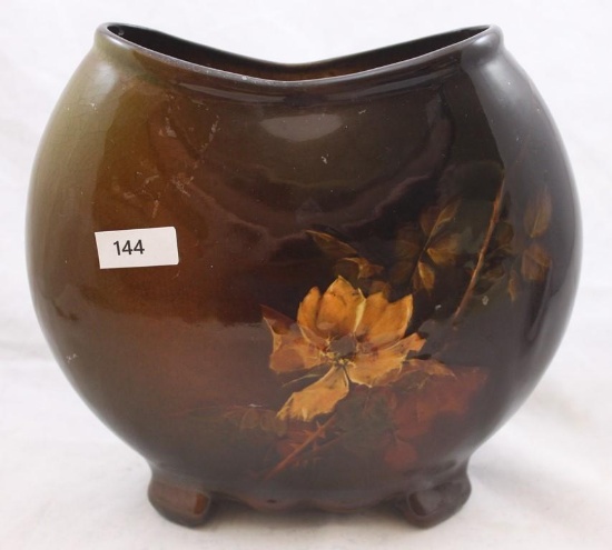 Mrkd. Weller Louwelsa 7"h pillow vase decorated with autumn colored flowers, artist initials MT
