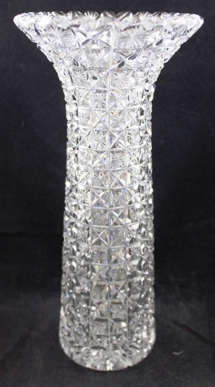 American Brilliant Cut Glass 12"h vase with Maple Leaf trademark, panels of blocks with stars and X