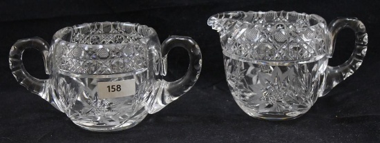 American Brilliant Cut Glass 3"h creamer and sugar set, decorated buttons circle top rim with