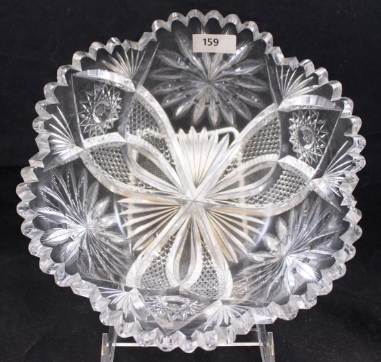 American Brilliant Cut Glass bowl, 8"d x 3.5"h, Flashed Star/Fans and Strawberry Diamond fields