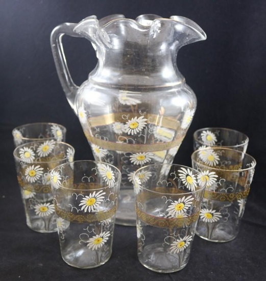 Victorian water set, white enameled daisies and gold gilt accents on clear, 10.25"h pitcher and (6)