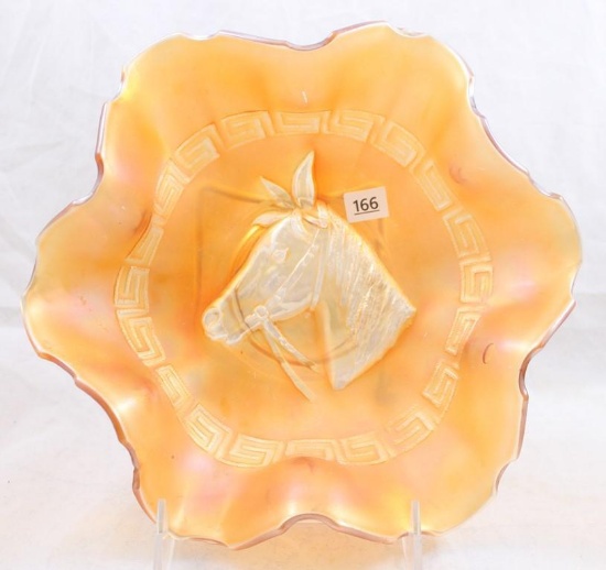 Carnival Glass Dugan Pony 8.5"d ruffled bowl, marigold